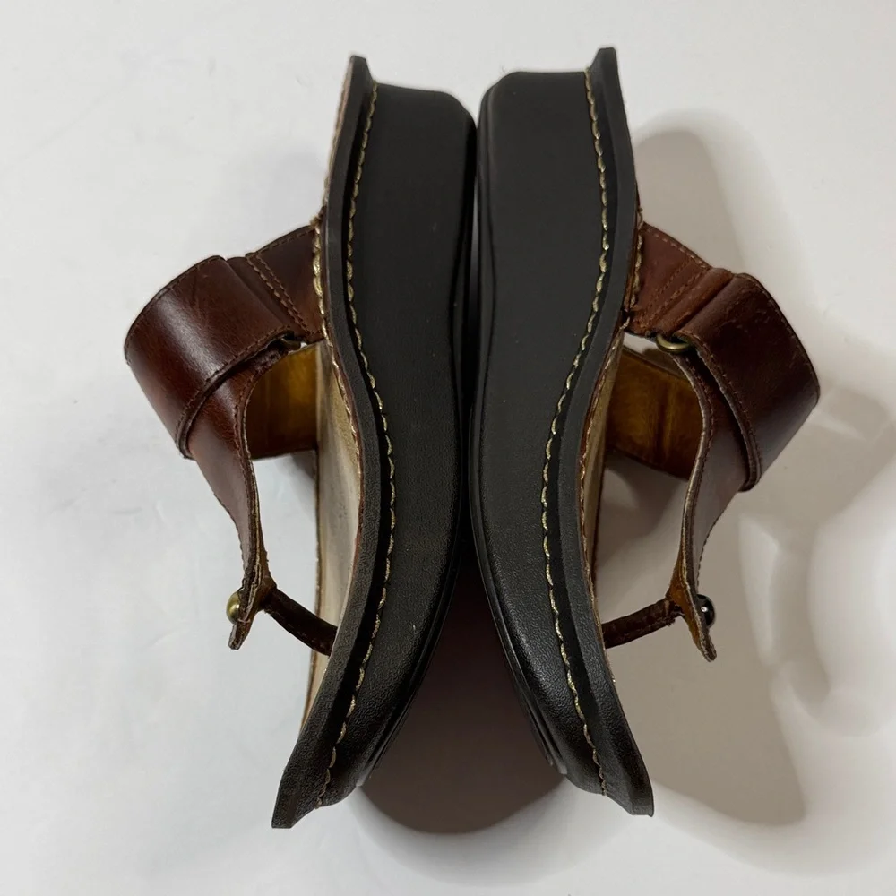 Alegria Carina Brown Leather Thong Sandals with Turquoise Detail